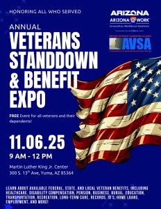 Flyer for the Veterans StandDown & Benefit Expo on November 6, 2025 in Yuma, Arizona, with event details.